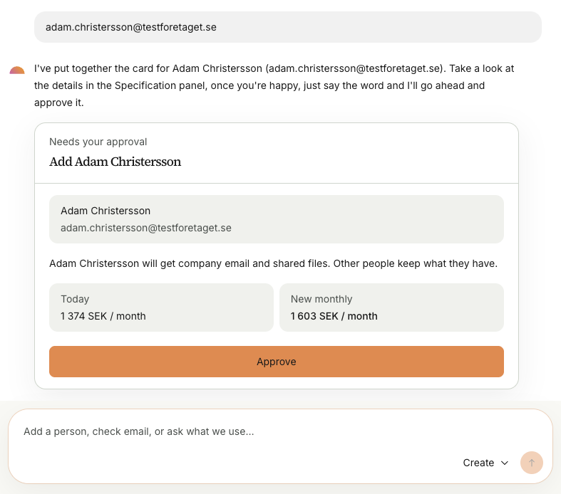 An approval card in the chat, ready to approve